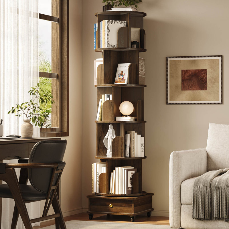 6-Tier 360° Rotating Bookshelf with Curved Shelves and Baffles, Walnut Wooden Corner Bookcase with Bottom Cabinet