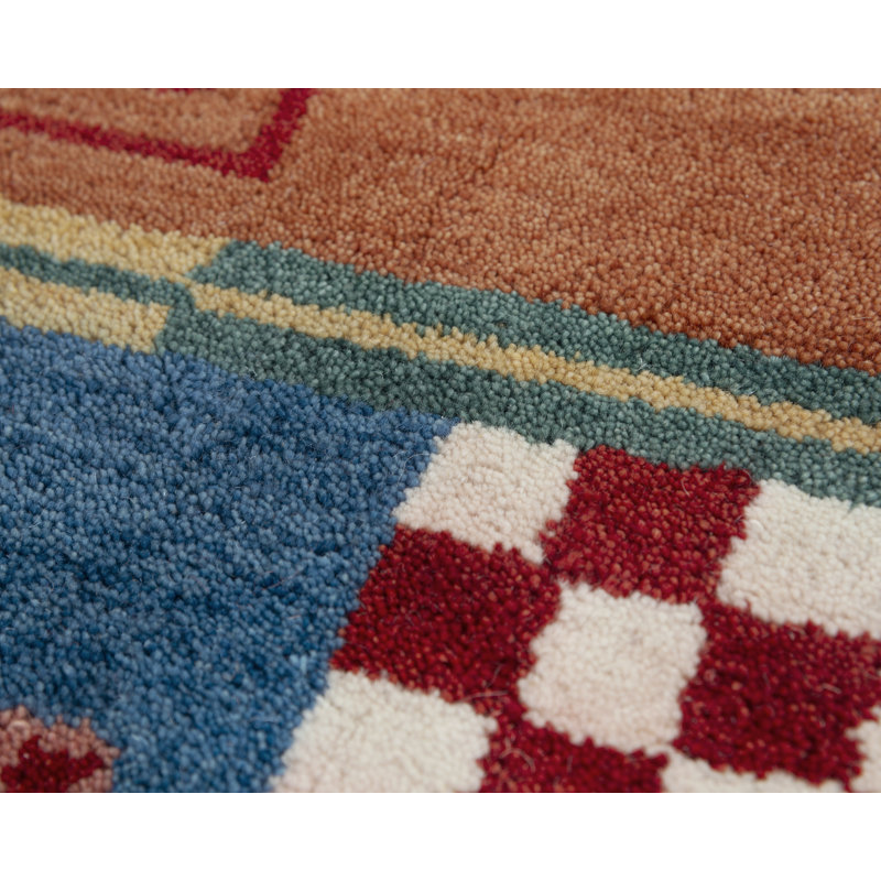 Tapis abstrait en laine touffeté à la main bleu foncé / brun / rouge, Rectangle 5 pi x 7 pi 6 po