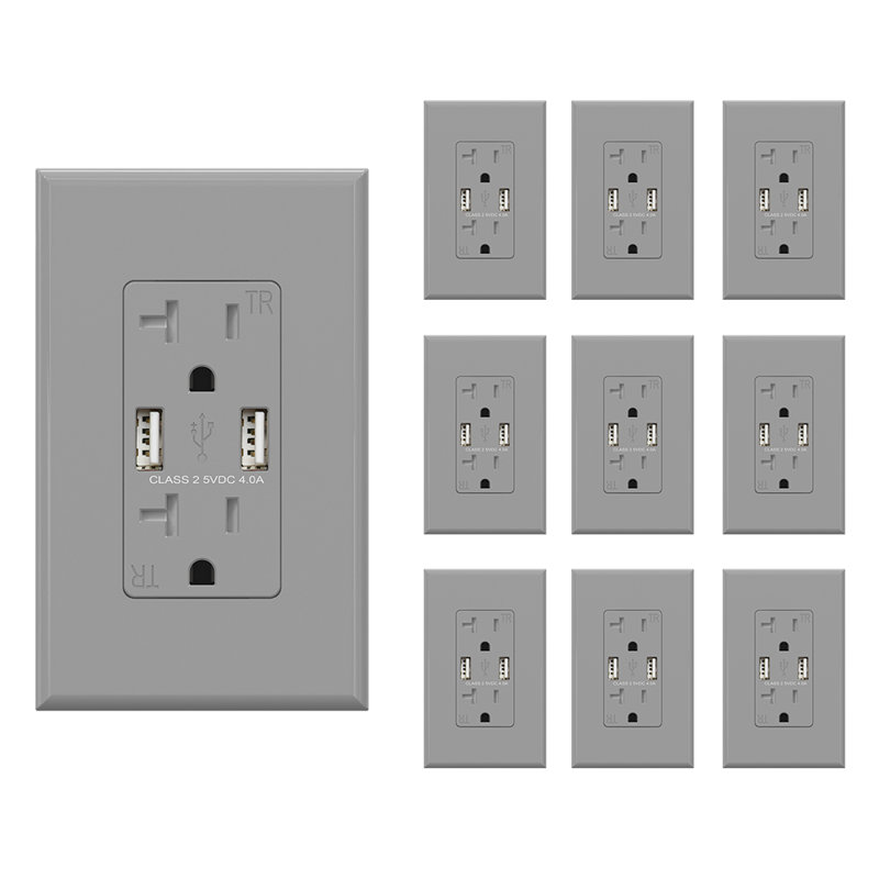 Prise USB, inviolable, plaque murale incluse, Gris