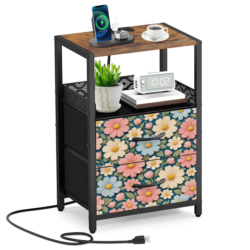  Table de chevet 24,2 po à 2 tiroirs Pastel floral rose bleu crème fleurs feuilles vertes table d'appoint avec station de charge