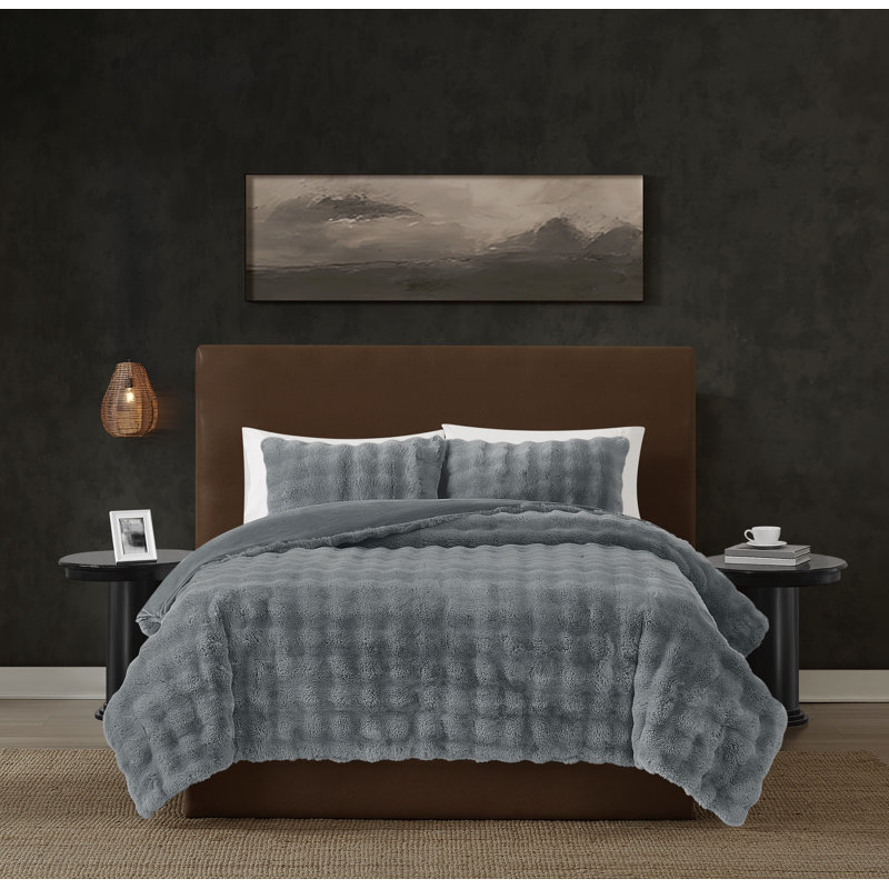 Ensemble d'édredon en fausse fourrure Frye Bubble, Gris, Édredon pour très grand lit + 2 taies décorativ