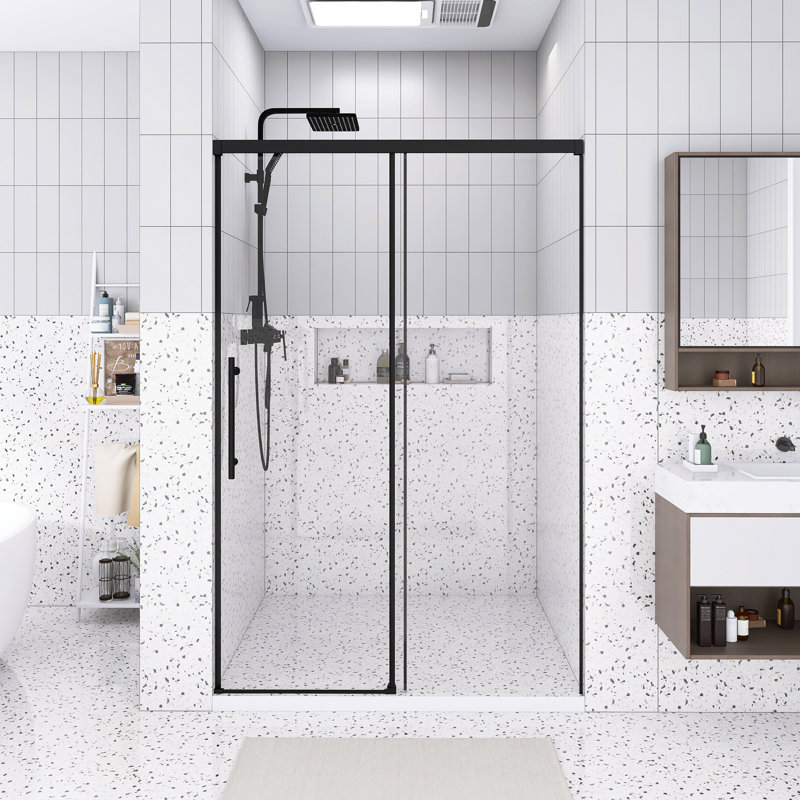 Porte de douche coulissante simple sans cadre l 48 po x H 72 po, verre fixe de 5 mm et verre coulissant de 6 mm, verre trempé transparent, poignée en acier inoxydable, chrome
