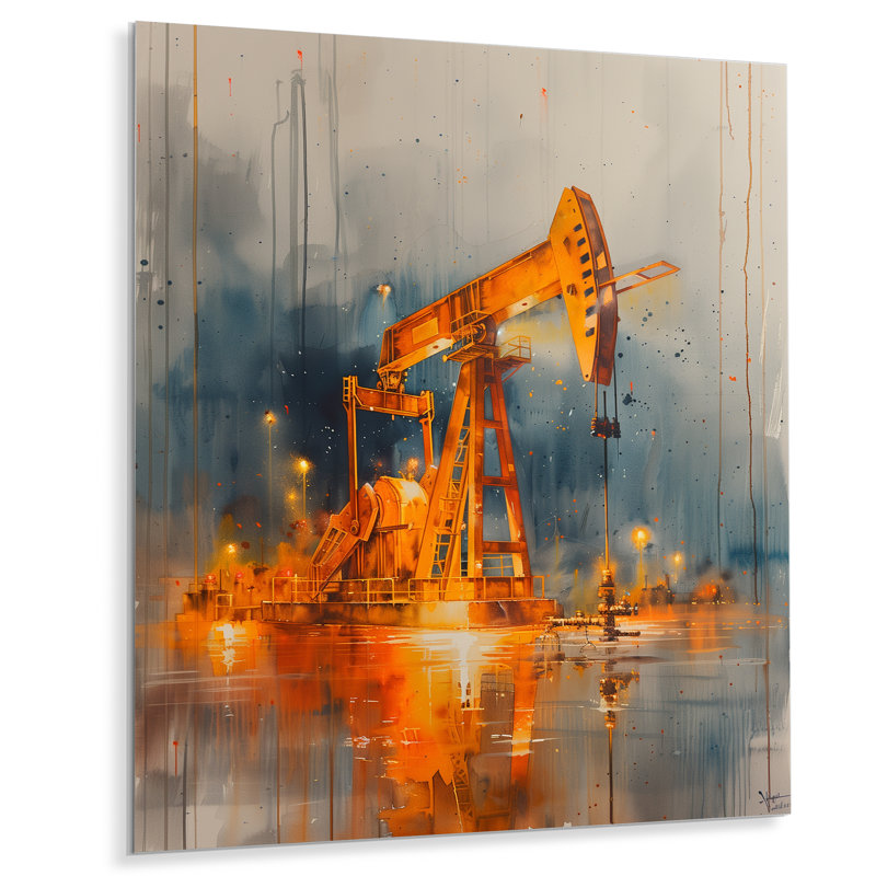 Décoration murale orange, gris, ravitaillement en pétrole II - plateformes / champs de pétrole, Métal métal
