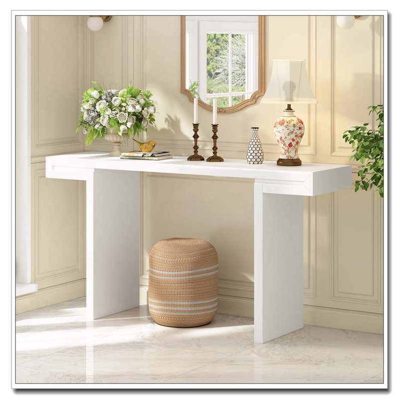 Console de 60 pouces avec lignes géométriques épurées, table d'entrée élégante avec finition peinte et pieds réglables, Blanc