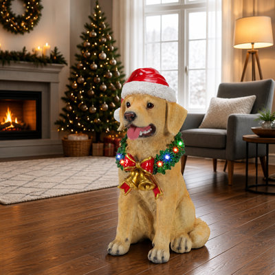 Figurine de chiot père Noël illuminé avec couronne DEL et clochettes