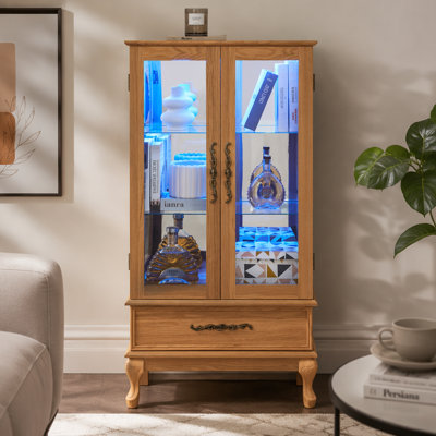 Vitrine lumineuse - Vitrine élégante en verre avec tablettes réglables, 2 portes et 1 tiroir - Buffet de rangement pour le vin avec ampoule incluse - Finition chêne clair