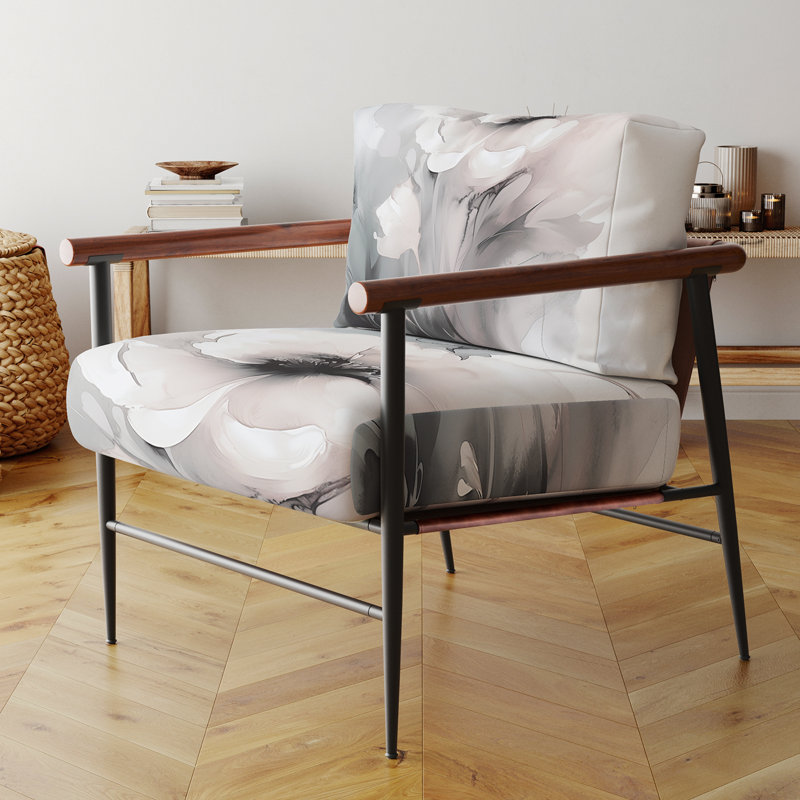 Doux gris clair et fleurs I - Fauteuil d'appoint rembourré à motif floral, Doré