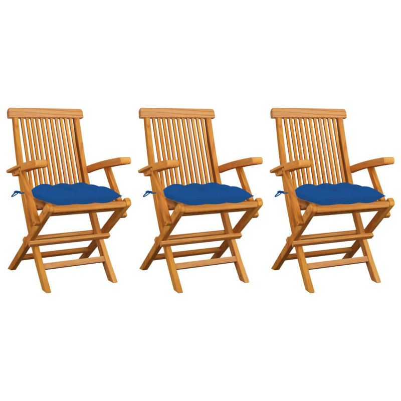 Chaise de patio pliante en teck avec coussin Dululu, Bleu