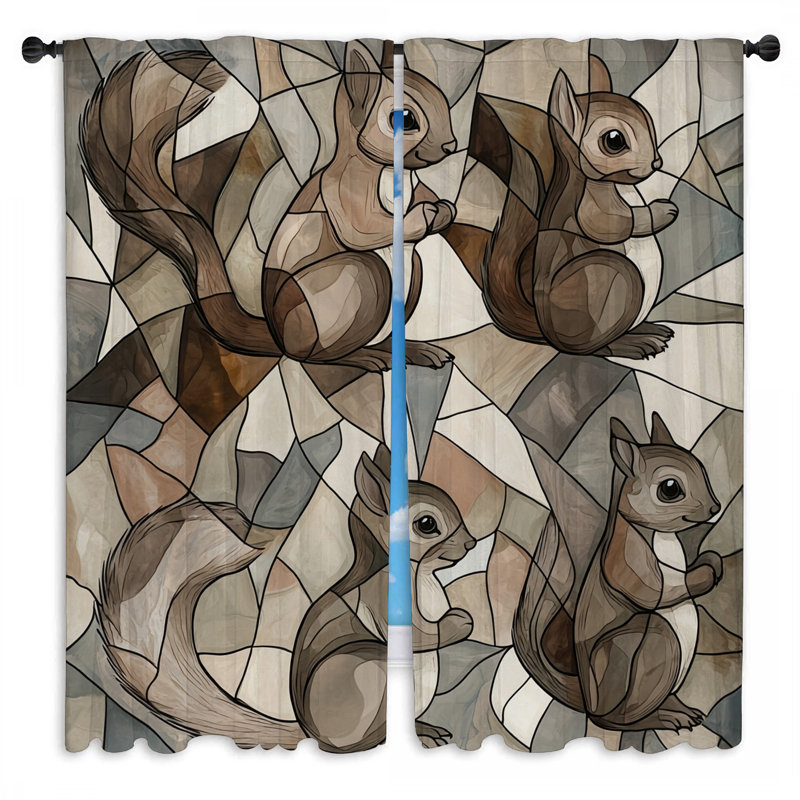 Squirrels Window Curtains  Animals Mid Century Modern Drapes - 2 Panels, 40" W x 61" L
