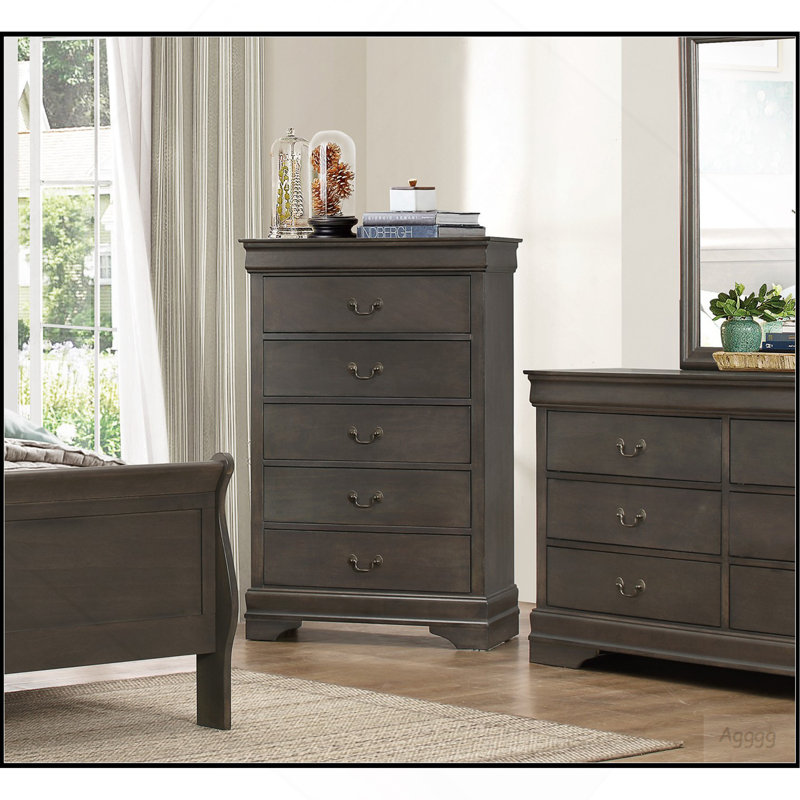 Meuble de chambre classique à 5 tiroirs au fini gris teinté classique de style Louis Philippe