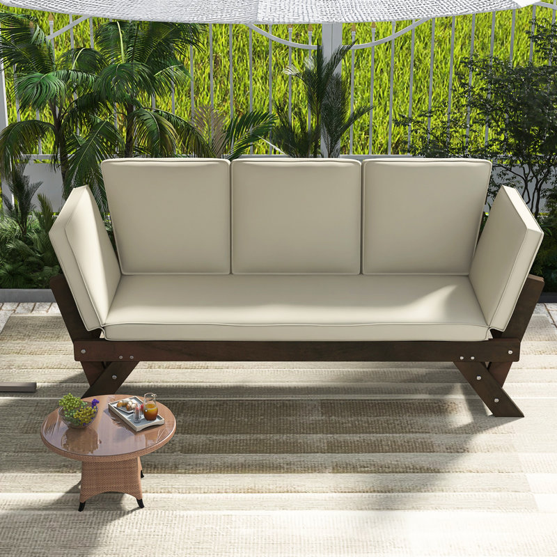 Outdoor Adjustable Patio Wooden Daybed Sofa Chaise Lounge ｜Brown Finish+Beige Cushion｜｜ Cushions For Small Placespremium Acacia Frame｜High Quality Fabric