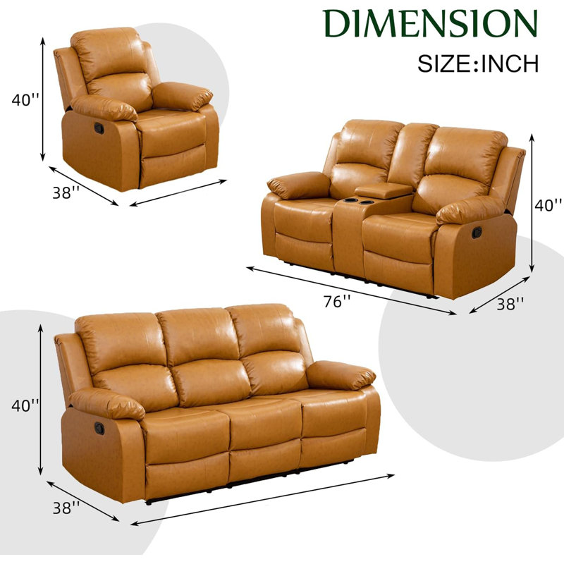 3-Piece Manual Reclining Living Room Sofa Set, Ginger