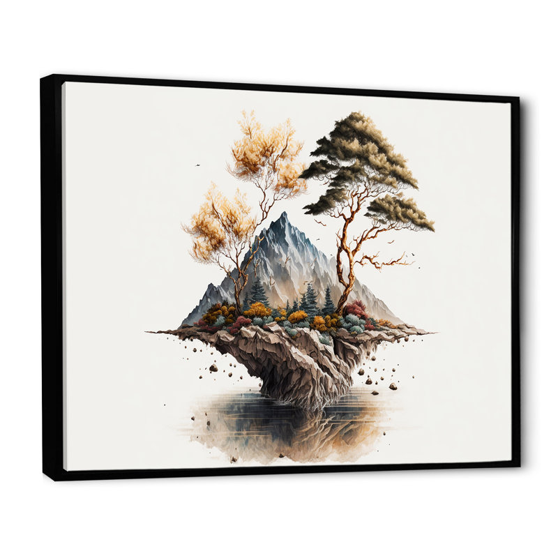 Bonsai Tree On A Rock III - Art mural moderne sur toile, Toile avec cadre photo noir, H 24 po x l 32 po x P 1 po