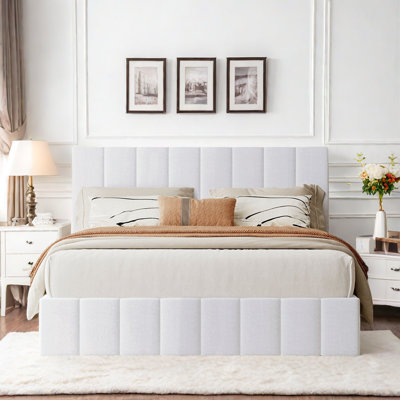 Platform Bed Upholstered Platform Bed With A Hydraulic Storage System And Vertical Striped Design