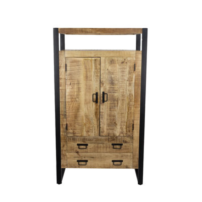 63" Industrial Storage Cabinet Solid Mango Wood and Iron Frame with Two Drawers