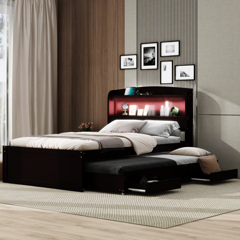 Bed With Trundle, Drawers and Outlet, Twin, Dark Brown