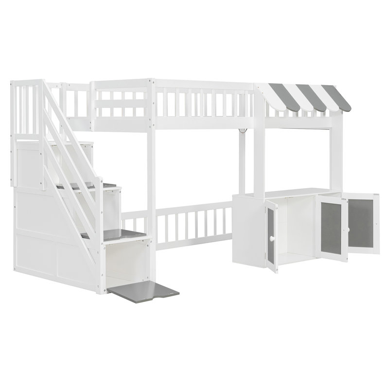 Lit mezzanine en bois avec escalier intégré, armoires, éclairage à DEL et garde-corps, Lit simple, Gris