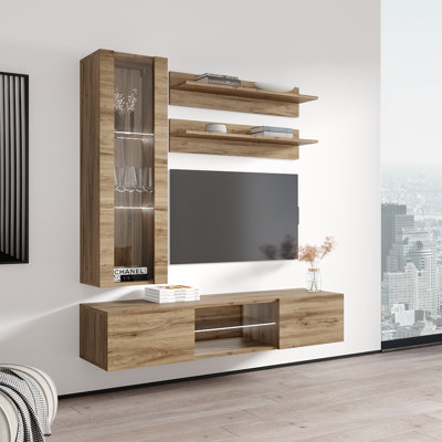 Livengood 63" Modern Floating Wall Mounted Entertainment Center with 16-Color LED Lighting, High Gloss Finish