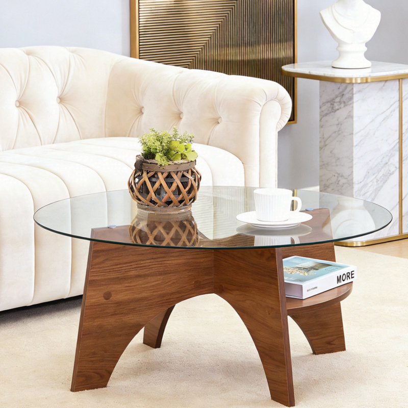 Table basse ronde en verre avec base en éventail Levi, Noyer