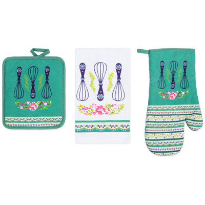 Ensemble de linge de cuisine imprimé 3 pièces PREMIUS, fouets grand-mère, 1 serviette en coton, 1 support à casserole, 1 gant de cuisine