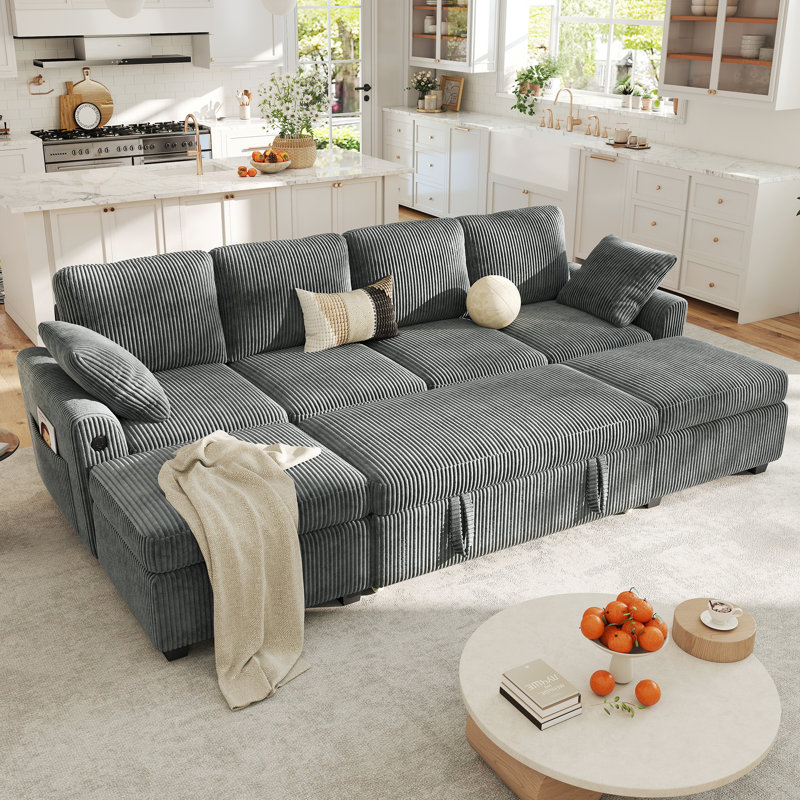 Macleod 104" Upholstered Corduroy U Shaped Modular Sectional Sleeper Sofa with Pull Out Bed and Two Storage Ottomans, Gray