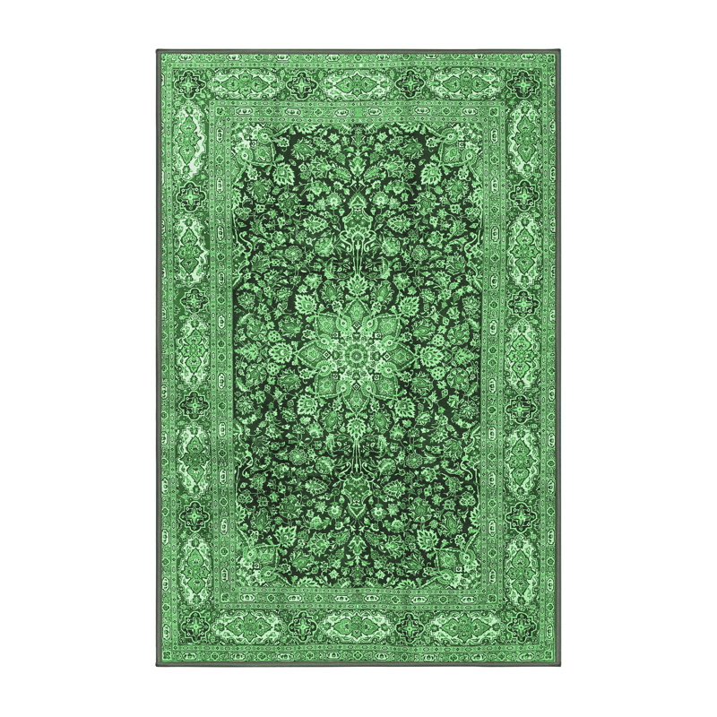 Tapis oriental vert / gris / noir en laine et polyester tissé à la machine Kaylean, Rectangle 2 pi x 3 pi