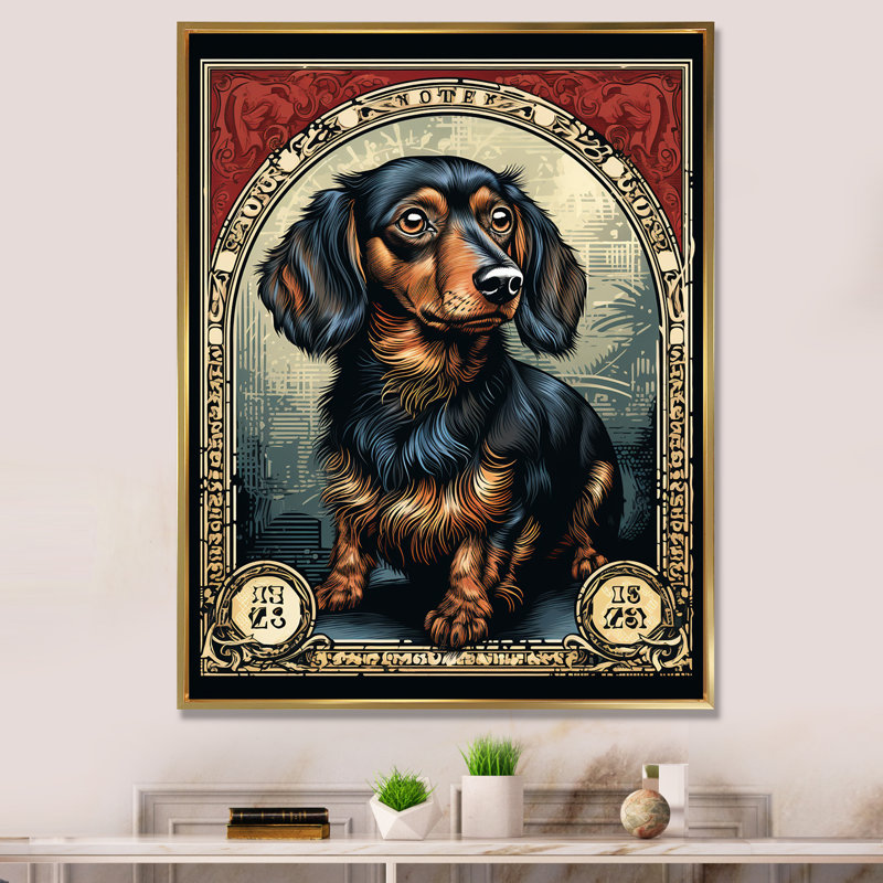 Illustration rétro du timbre de teckel mignon sur toile, H 20 po x l 12 po, Cadre flottant doré