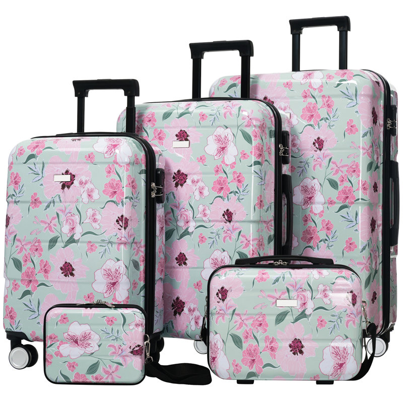 Ensembles de bagages Nouveau modèle PC 5 pièces, Green & Pink Flower