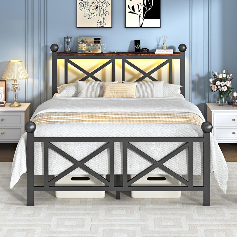 Full Size Bed Frame with Headboard, Charging Station and LED Lights, Heavy Duty Metal Platform & Noiseless, Easy Assembly