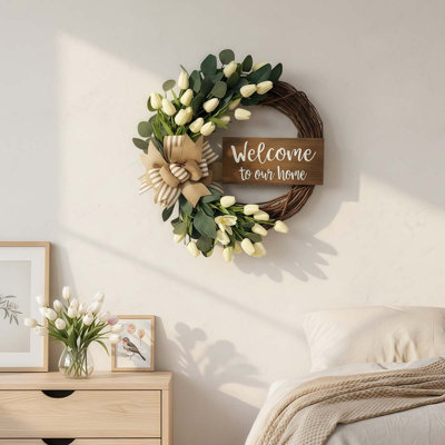 Artificial Tulips Bowknot Wreath with Welcome Sign for Front Door Green Leaf Wreath Spring Summer Wreaths for Home Wall Wedding Festival Farmhouse Porch