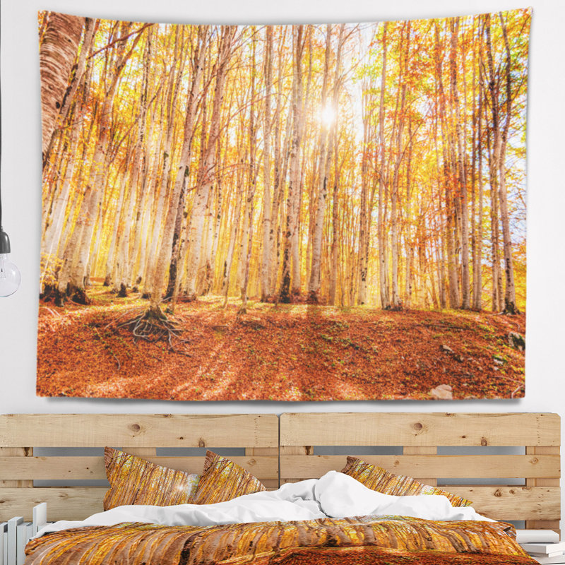 Tapisserie colorée de forêt rouge au coucher du soleil, H 78 po x l 92 po