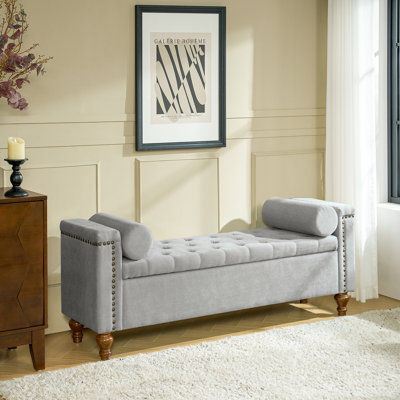 Delor Traditional 59.5" W Storage Bench with Two Circular Pillows and Solid Wood Legs