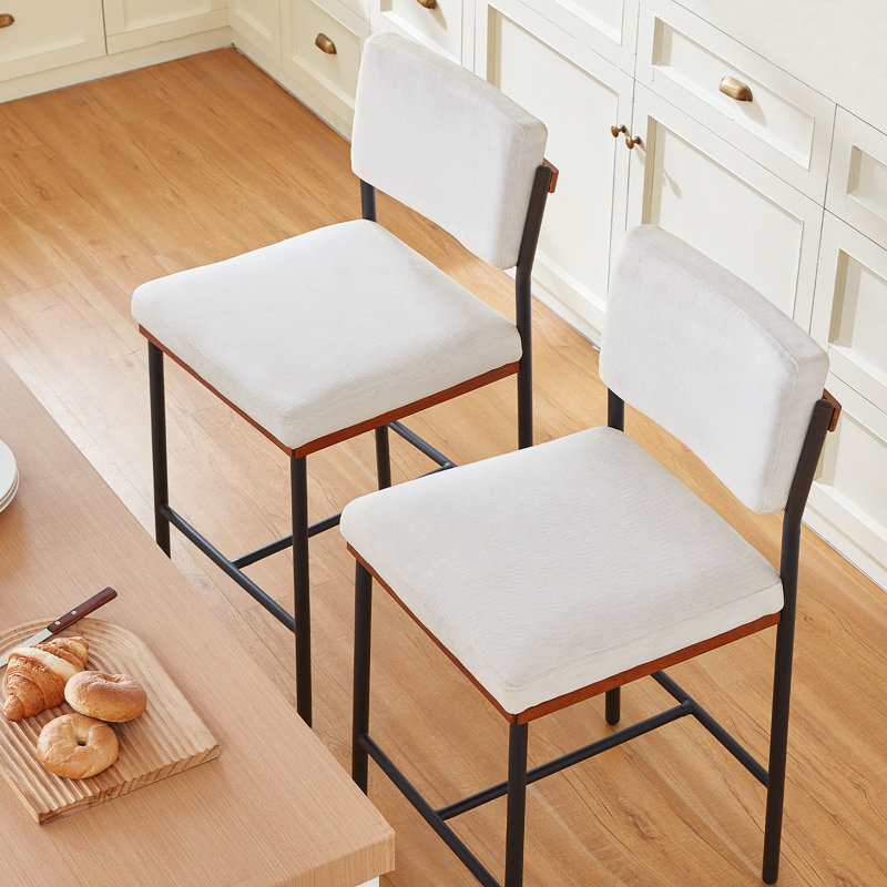 Linen Fabric Bar Stools Set of 2,26 Inch Modern Counter Height Bar Stools for Kitchen Island,Counter Stools with Wide Back Sturdy Metal Legs,White