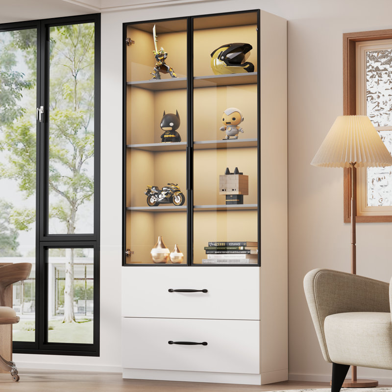 Glass Display Cabinet with Drawers and LED Lighting, White