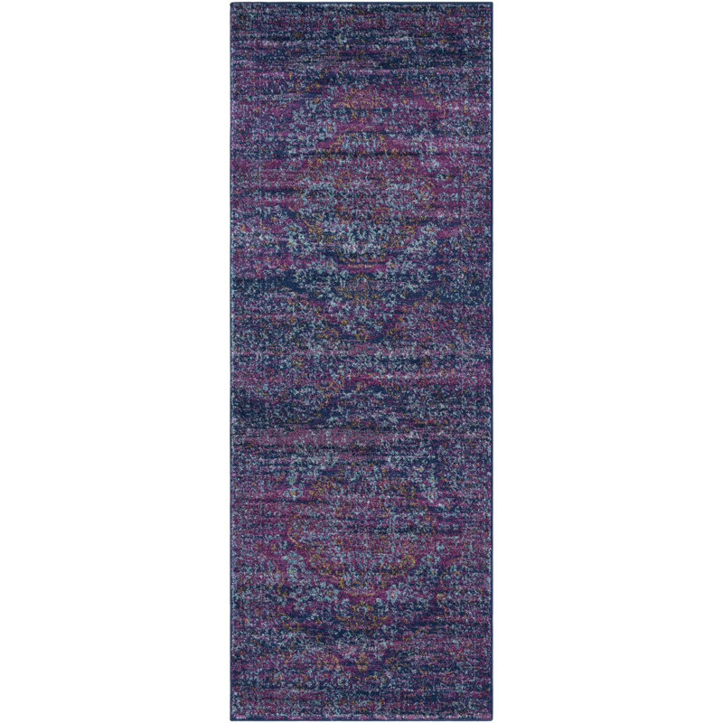 Tapis oriental bleu foncé / mauve Hillsby, Tapis de couloir 2 pi 7 po x 7 pi 3 po