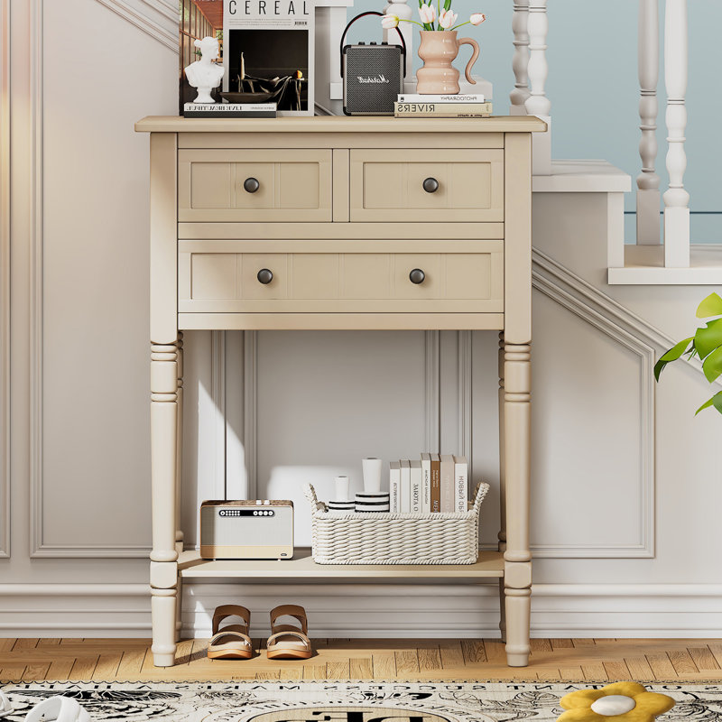 31" H Narrow Console Sofa Table with 3 Drawers and Shelf, Solid Wood Frame, Beige