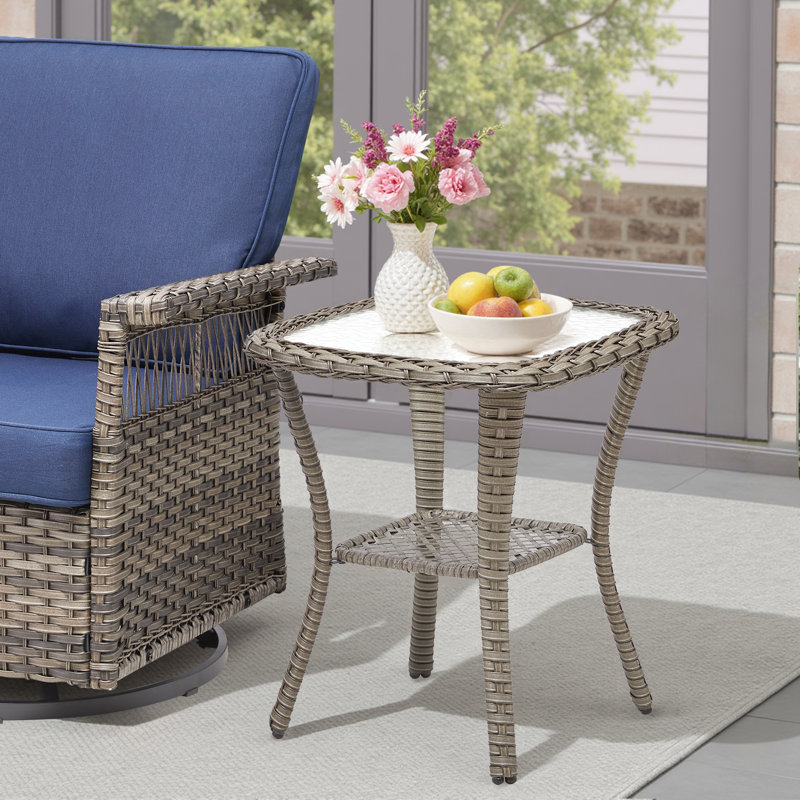 Swivel PE Wicker Rattan Outdoor Rocking Chairs Set With Side Table (4 Chairs And 2 Side Table), Blue