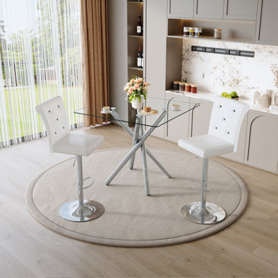 Table de bar moderne en verre et tabourets de bar réglables, ensemble de 2, table de pub contemporaine à hauteur de comptoir avec pieds chromés, chaises de bar pivotantes en cuir blanc pour îlot de cuisine, bar personnel, petit espace