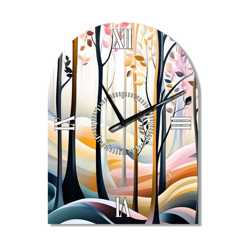 Forêt à l'aube II - Horloge murale silencieuse en métal arqué, motif paysage, H 31 po x l 23 po - Arche