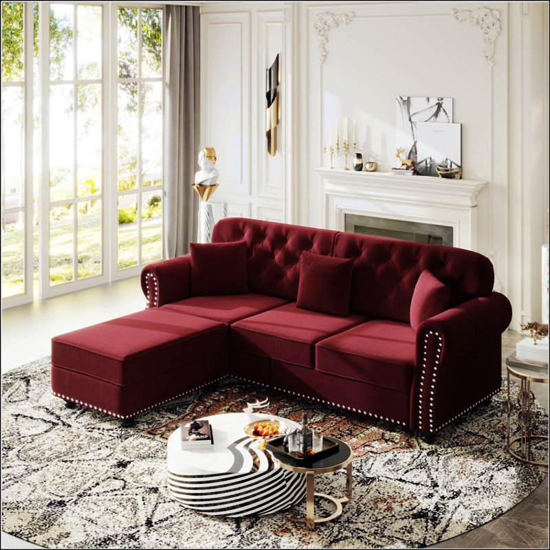 Canapé en velours de style Mid-Century moderne avec garniture cloutée, accoudoirs roulés et capitonnage à boutons, comprend 3 coussins pour plus de confort