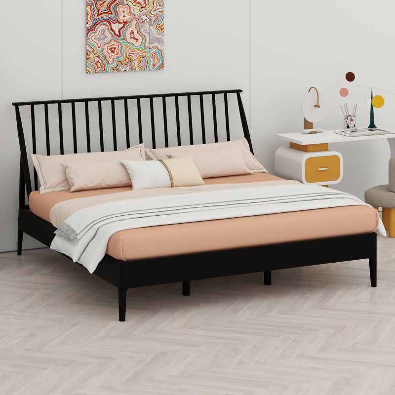 Bamboo Wood Spindle Platform King Bed, Black