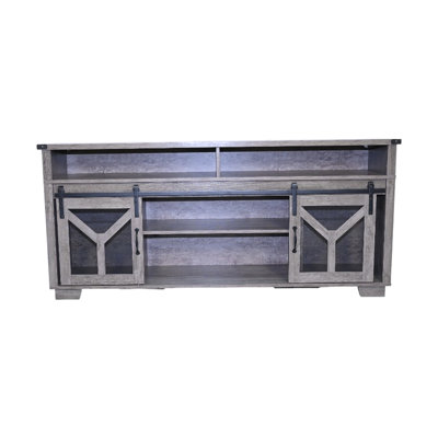 Tv Stand, Sliding Iron Mesh Door, Led Lighting, Y - Shaped Elements, Antique Gray Finish, 60 69 Inch Fit American Traditional Style, Barn Gray, Compatibility