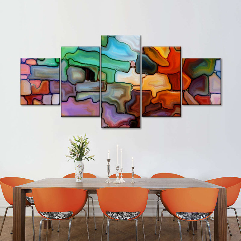 Abstrait en verre fusionné - Image multiple de 5 pièces sur toile tendue, H 36 po x l 80 po x P 1,25 po