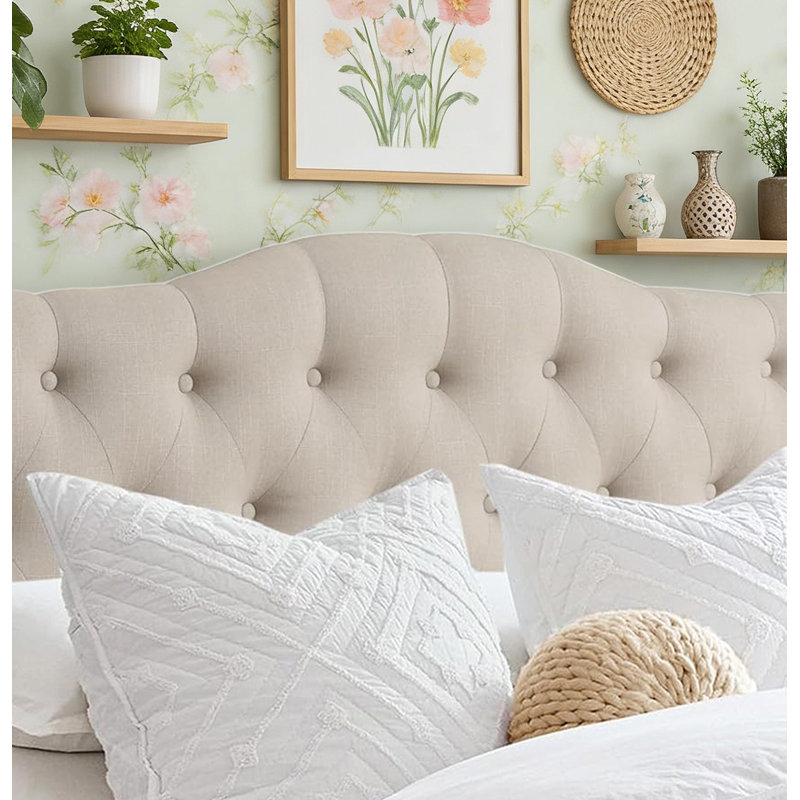 Tufted Upholstered Wingback Headboard, Solid Wood Head Board with Wood Legs, Fabric Headboard in Modern Button Design, Beige