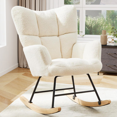 Rocking Chair, Soft Glider, Ergonomic Modern Accent Reading Recliner, Teddy Fabric With Armrest & Wide Backrest For Nursery, Living Room, Bedroom, Bal