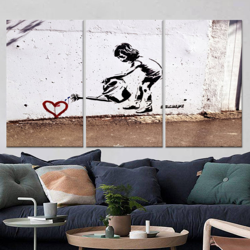 «Banksy Children Watering Heart», reproduction d'art sur toile, toile tendue 3P, H: 47.2 x W:70.9 inches