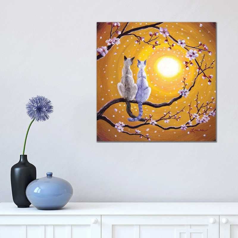Siamese Cats Nestled In Golden Sakura by Laura Iverson - Painting on Canvas, 45.72cm H x 45.72cm W x 3.81cm D, Wrapped Canvas