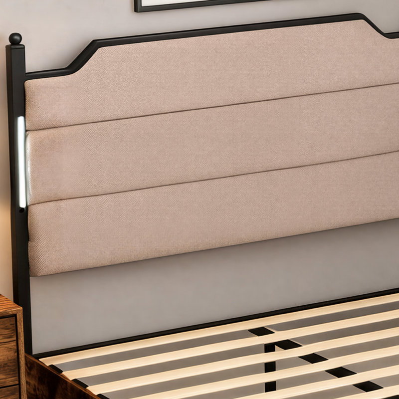 Extra-Large Upholstered Headboard And Bed Frame With Charging Port And Touch-Sensitive LED Light; Quiet Storage And Springless Mattress.
