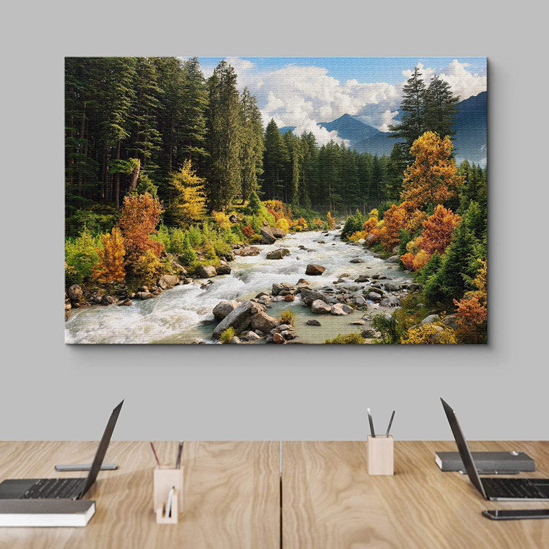 Autumn Fall " Autumn Fall Vibrant Tree Forest River Nature Wildernes ", 32" H x 48" W x 1.5" D, Wrapped Canvas