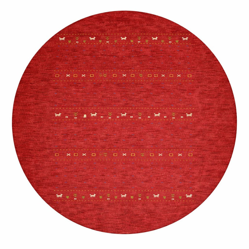 Maggiemae Hand Knotted Loom Wool Eco-Friendly Area Rugs - Round, Red Color, Contemporary Modern Design, High Pile Thick Handmade Anti Skid Area Rugs for Living Room, Bed Room
